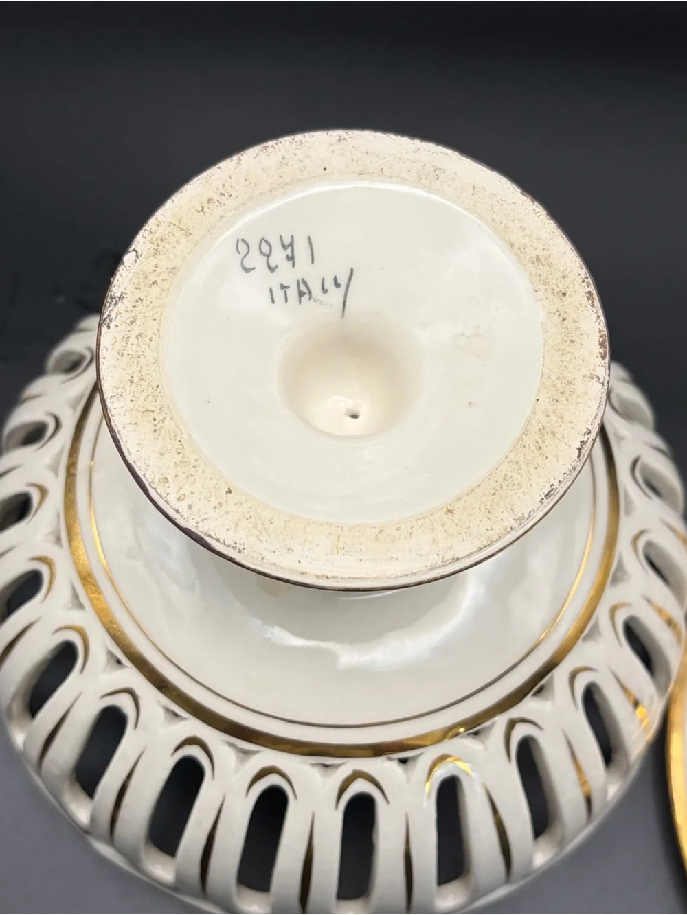 Vintage Reticulated Porcelain  Candy Dish w/ Lid Gold Trim (Italy) *Flaw*